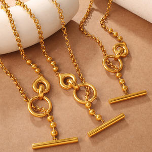 Kalung Minimalis Wanita dengan Liontin T-Bar, Logam Berat, Lapisan Emas Asli 18K, Baja Anti Karat Tebal, Hipoalergenik - Product Image 2
