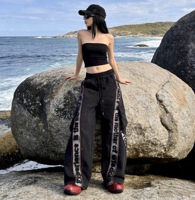 Pantalon décontracté F117/FANMAJIALIE tendance taille haute avec cordon de serrage, coupe ample, imprimé lettres noires et rayures néon, pour le quotidien et la mode urbaine