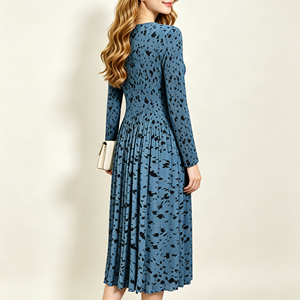 Abito Midi da Donna Taglia Unica a Maniche Lunghe con Collo Plissettato, Vita Alta, Stampa Floreale Astratta Nera su Base Blu, Casual con Effetto Stropicciato - Product Image 3