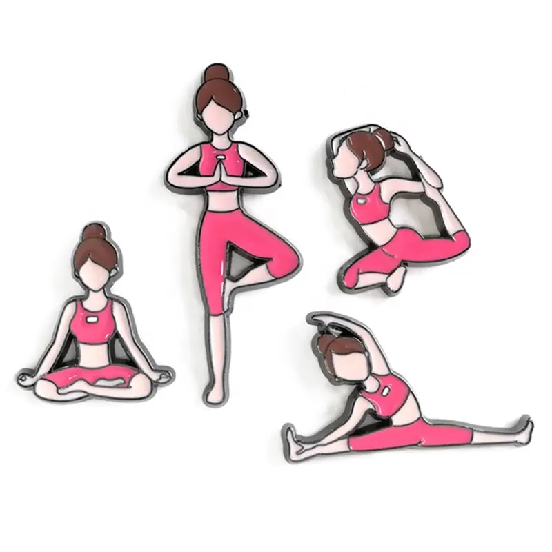 Yeni tasarım karikatür karakter rozeti metal yumuşak emaye rozeti yoga şekil eylem poz emaye rozeti pin