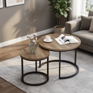 Tables basses gigognes modernes Wabi-Sabi avec plateau en bois extensible et structure en fer pour salon, lot de 2 - Product Image 2