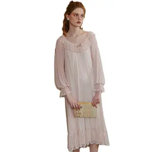 फेयरी विंड लेडी मॉडल लंबी आस्तीन वाली जालीदार नाइटड्रेस, ढीली वन-पीस ड्रेस, लड़कियों के लिए पजामा, आरामदायक घरेलू पहनावा