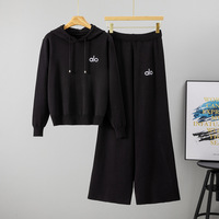 Ensemble deux pièces longue style européen pour femme, uni, teint uni, avec sweat à capuche et pantalon large, décontracté, sportif, tricoté ample