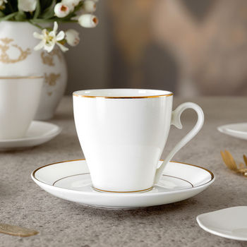 Bone China Coffee Mug Set with Saucer White Ceramic Cups for Tea 220 ML
