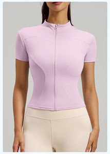 Wholesale Women Full Zip Stand Collar Short Sleeve <b>Yoga</b> Crop <b>Jackets</b> Slim Fit Plus Size Athletic Tops Stretchy Gym Workout Shirt - Product Image 4