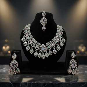 Indian Bridal Silver Plated CZ Choker Necklace <b>Set</b> Emerald Green & White Cubic Zirconia Heavy Choker with Earrings and Mang Tika - Product Image 3