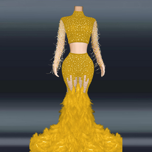 Novance Y2369-B Femmes D'été Tops 2022 Col Roulé Deux Pièces Cristal Sexy Sirène De Bal Robe de Danse de Scène Costume Robe Plumes - Product Image 4