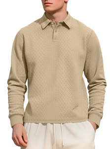 Polo da uomo in jacquard a tinta unita con bottoni, nuova felpa a maniche lunghe con risvolto, vestibilità ampia - Product Image 2