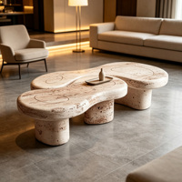 Table basse en marbre travertin naturel en forme de nuage, pieds multi-cylindres, style Wabi Sabi organique, table de salon, maison de rêve