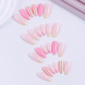 Faux ongles à presser couleur unie à pois, nude, rayés, color block, forme amande - Product Image 4