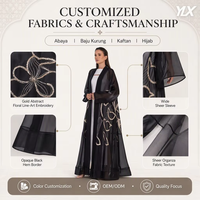 Abaya noire OEM semi-transparente avec motif floral doré, manches longues, pour femmes musulmanes, taille personnalisée