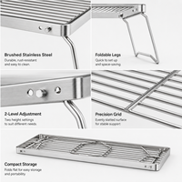Support de cuisson pliable en acier inoxydable pour camping, 2 niveaux réglables en hauteur, support de grill portable avec grille en maille pour cuisson extérieure et pique-nique