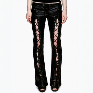 Pantalon noir en cuir véritable pour femmes, à lacets, taille haute, style gothique, évasé, longueur complète, tenue de club - Product Image 1