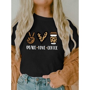 Camiseta <span class=keywords><strong>de</strong></span> <span class=keywords><strong>mujer</strong></span> barata al por mayor con estampado <span class=keywords><strong>de</strong></span> leopardo Peace and Love Coffee, vestido <span class=keywords><strong>de</strong></span> calle, camiseta sexy informal con cuello redondo para chica - Product Image 4