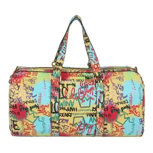 Fashion printing design Colored Art Bags PU Leather weekend Graffiti duffle bag for travel