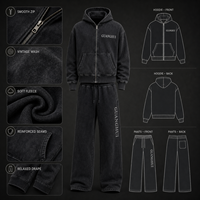 Ensemble sweat à capuche zippé et pantalon de survêtement noir délavé personnalisé pour homme, style streetwear, fournisseur de vêtements en gros OEM ODM avec logo et marque privée