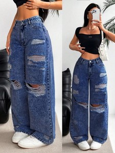 Jeans à jambe droite déchirés à taille haute pour femmes, pantalon en denim déchiré pour femmes - Product Image 5