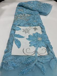 Tissu KC de luxe en tulle brodé de fleurs 3D, perles et sequins, tissu en maille brodée pour robe de mariée africaine Aso Ebi, robe de soirée - Product Image 5