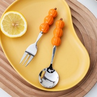 Cartoon schattig konijnen keramiek handvat metalen lepel en vork set voor kinder desserts