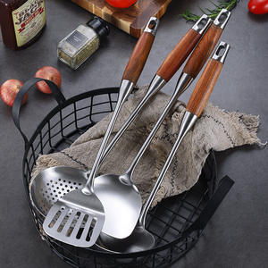 Ensemble d'ustensiles de cuisine en bois de rose, 4 pièces, spatule, louche, cuillère ajourée en acier inoxydable, résistant à la chaleur, manche long - Product Image 4