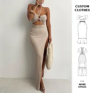 ที่กําหนดเองผ้าฝ้ายRibbed Maxi Partyชุดยกทรงสําหรับผู้หญิงสีเบจHalter Lady Elegant SlitแหวนCutout Bodyconชุดลําลองยาว