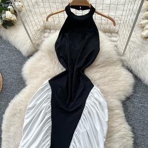 Moda Sexy uso diario <span class=keywords><strong>O</strong></span> cuello sin mangas espalda descubierta Color blanco y negro a juego Midi mujeres vestido Sexy - Product Image 3
