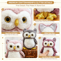 Peluche Hibou Kawaii Shaggy, Animal en Peluche Hibou Réaliste avec Yeux Dorés, Doux, Gris, Rose, Violet, Poupée Oiseau pour Filles, Cadeau