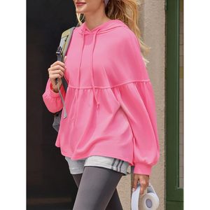 Fisoew Sudadera con capucha extragrande para mujer, manga larga, manga farol, con cordón, dobladillo peplum, suelta, color rosa - Product Image 3