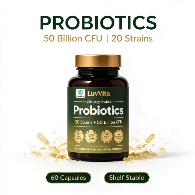 LuvVita 50 Billion CFU Probiotics 20 Strains Shelf Stable Capsules for Digestive & Gut Health Support Non-GMO Gluten Free OEM