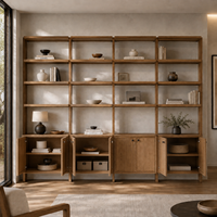 Meuble mural en chêne sur mesure avec étagères ouvertes, armoires de rangement et bibliothèque intégrée – Système de menuiserie résidentielle