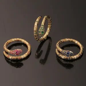 2024 Wholesale 18K Gold Plated Pink Blue Green Cubic Zirconia Diamond Sex Snake Adjustable Open Finger Ring for Women and Men