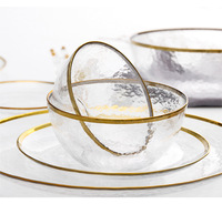 Vaisselle et verres en cristal transparent pour hôtel, restaurant, traiteur, maison, avec bordure dorée, assiette à dîner circulaire, bol à dîner