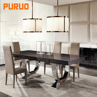 Îlot de cuisine turc haut de gamme Puruo, plateau en bois brut, base en acier et cuir, table ronde de salle à manger de 120 cm et chaises pour 4 personnes