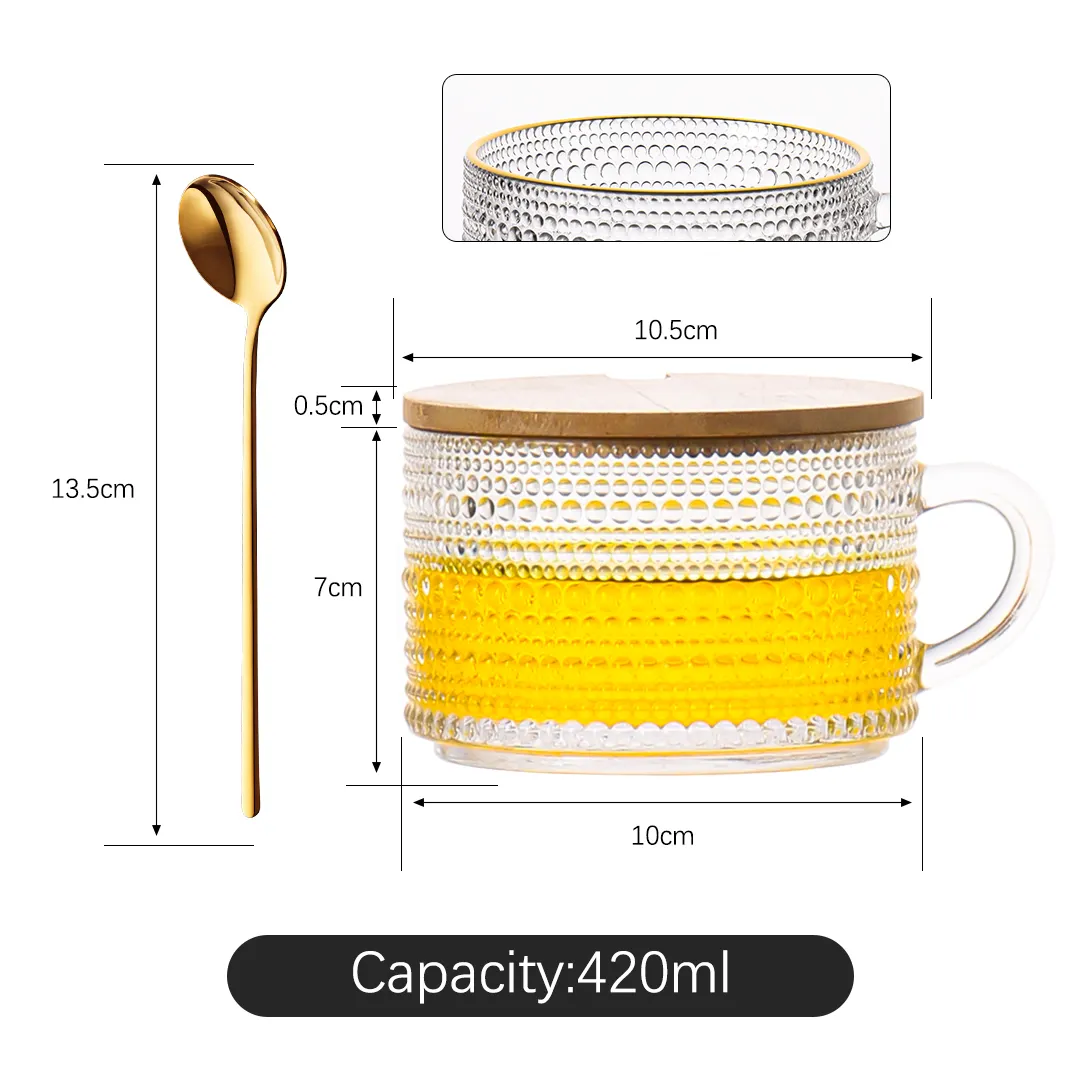 14oz rõ ràng ly thủy tinh dập nổi cốc cà phê cổ điển qua đêm yến mạch container với nắp đậy tre và thìa