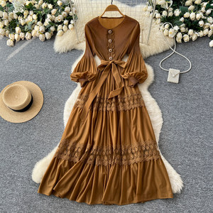 Abito <span class=keywords><strong>Giallo</strong></span> in Pizzo Traforato Ricamato da Donna a <span class=keywords><strong>Maniche</strong></span> <span class=keywords><strong>Lunghe</strong></span> a Vita Alta con Taglio ad A - Product Image 6