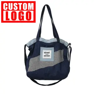 Borsa in tessuto denim con logo personalizzato con borsa in tessuto di jeans in tinta con borsa a tracolla in versione coreana con zaino college di grande capacità