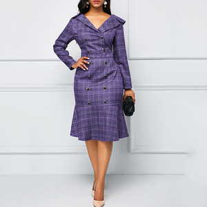 Robe longue à manches longues à col en V à imprimé à carreaux pour femmes, robe de fête, de loisirs, de bureau, robe longue avec boutons - Product Image 2