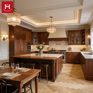HAPPY HOUSES Klassische Traditionelle Massivholz-Küchenschränke mit Kücheninsel Antike Messingbeschläge für Amerikanische Villa - Product Image 1