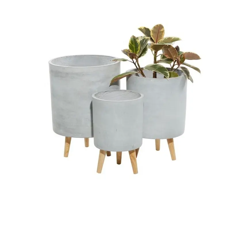 Contemporary Fiberclay Planters with Wooden Legs Indoor Outdoor Fiber Clay Pot Planter Set with stand