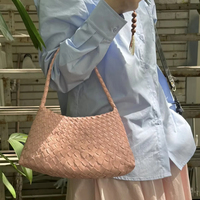 Tas Tote Wanita Kulit Asli Anyaman, Bukaan Terbuka, Portabel, Tas Tangan Fashion Kecil, Lapisan Poliester, Kapasitas 1-1.9L