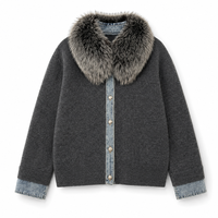 Pull en tricot pour femme avec col en fourrure de renard véritable, manteau court d'hiver et d'automne, veste en tricot décontractée et chaude avec fermeture éclair
