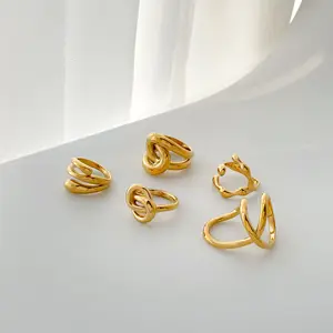 防水结婚戒指情侣套装18k黄金饰品不锈钢抽象戒指金丝可叠放女性戒指