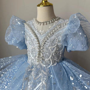 Abito da ballo per bambine 2026 con paillettes, in tulle azzurro, stile <span class=keywords><strong>principessa</strong></span>, con maniche a sbuffo e ricami, abito formale da festa, abito da concorso per bambini - Product Image 3