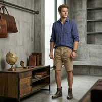 Pantalones Cortos Cargo para Hombre con Estampado de Mapa Mundial Vintage y Logotipo Personalizado - Pantalones Cortos de Viaje de Sarga de Algodón Caqui Lavado Retro con Parche de Cuero OEM