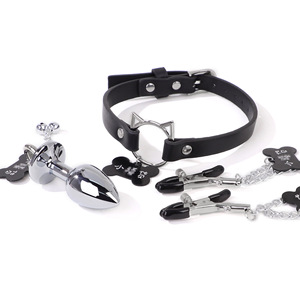 Ensemble de jouets sexuels pour stimulation adulte, comprenant pinces à tétons Sm Bell, plug anal, collier de chat, laisse et chaîne, noir - Product Image 3