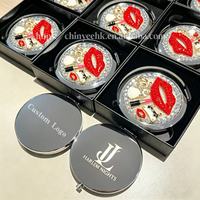 Miroir de poche pliable de luxe fait main, effet diamant rouge, finition métallique nacrée brillante, logo personnalisé, double face grossissement 2X