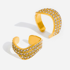 <b>Cuff</b> <b>Earrings</b> 18K Gold Stainless Steel Three Layer White Diamond Wave Design Everyday Wear - Product Image 1