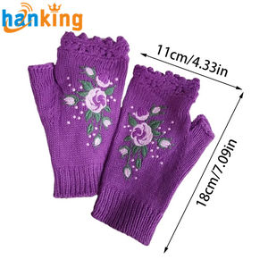 Guantes de punto de invierno bordados hechos a mano para mujer guantes sin dedos de flores tejidas de otoño guantes sin dedos tejidos a mano de lana cálidos - Product Image 2