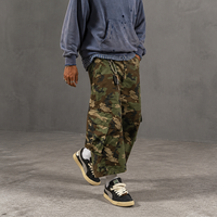 Pantalon Cargo Homme Vert Camouflage Ample Coupe Courte Jambe Large Multi-Poches Utilitaire Décontracté Streetwear Vente en Gros