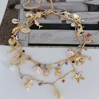 Nouveau collier ras du cou multicouche avec pendentifs étoile de mer, hippocampe, coquillage, coquille de tortue et perle